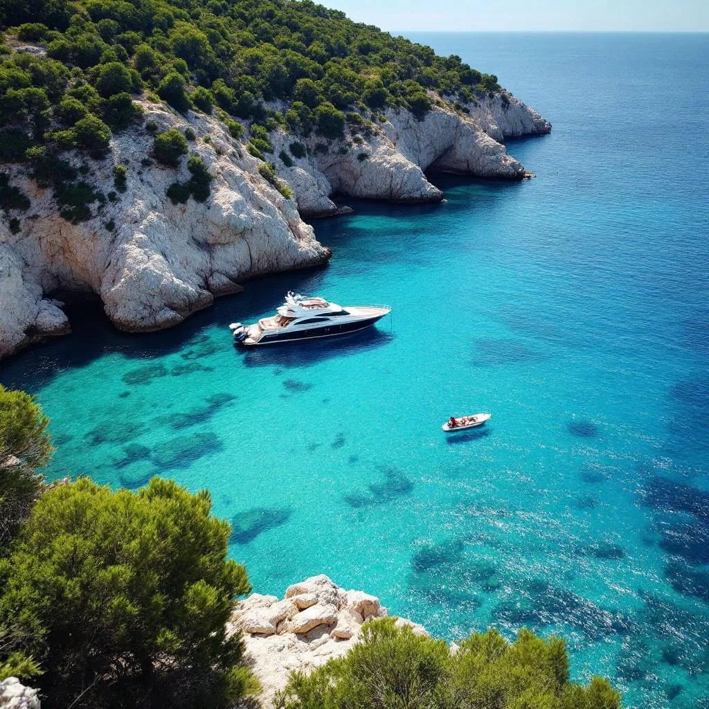 A yacht anchored in a turquoise Mediterranean cove below pine-covered cliffs