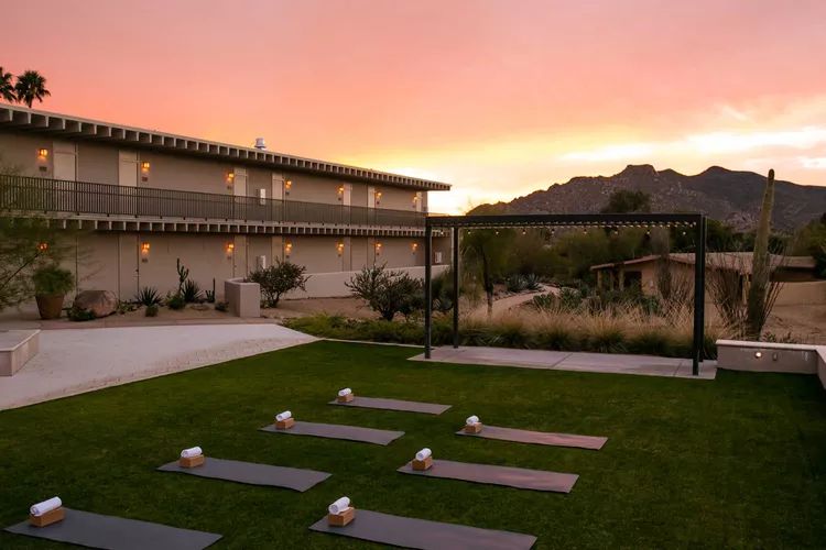 Yoga mats laid out on a lawn at desert sunset