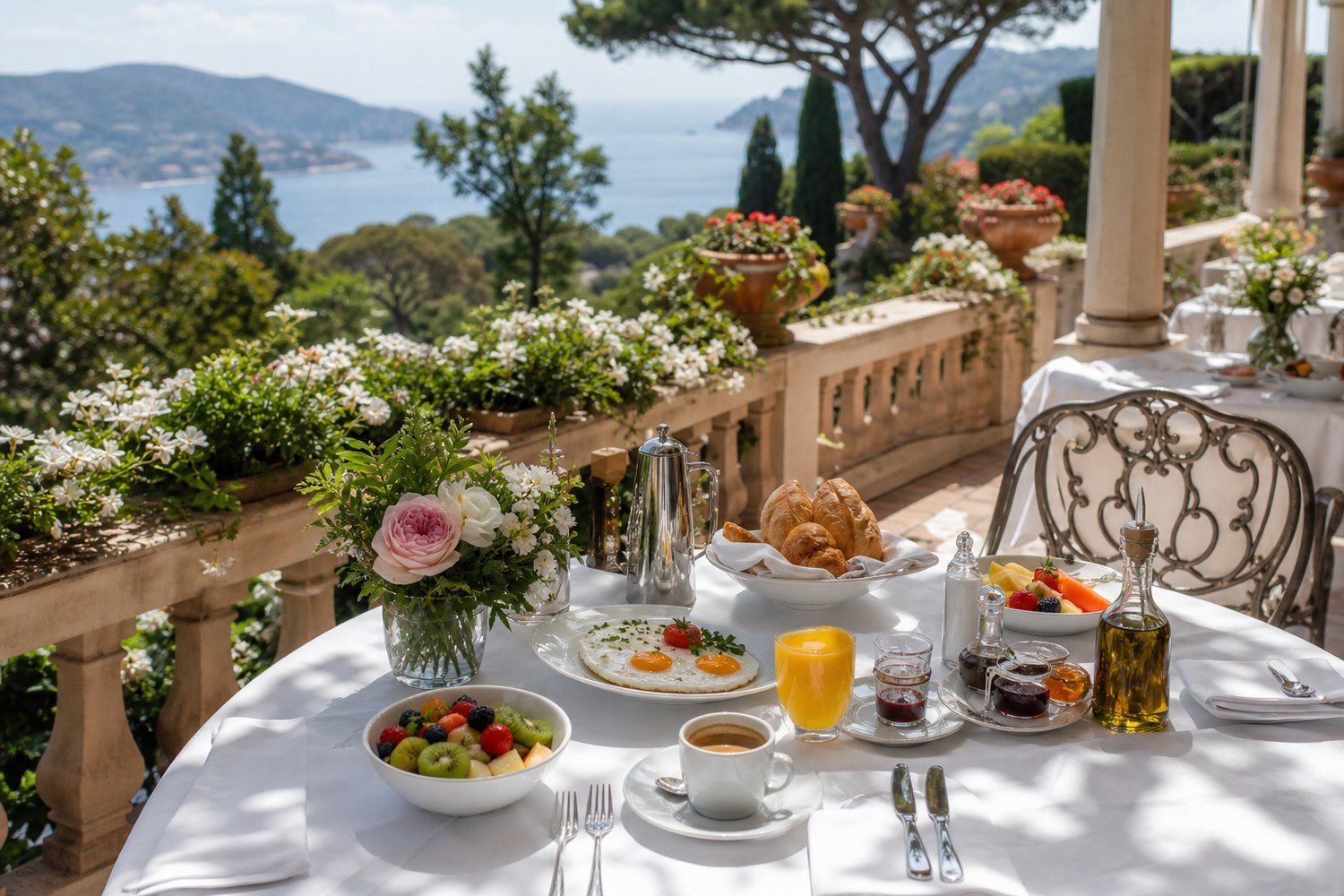 Breakfast for two on a hotel terrace overlooking the Mediterranean